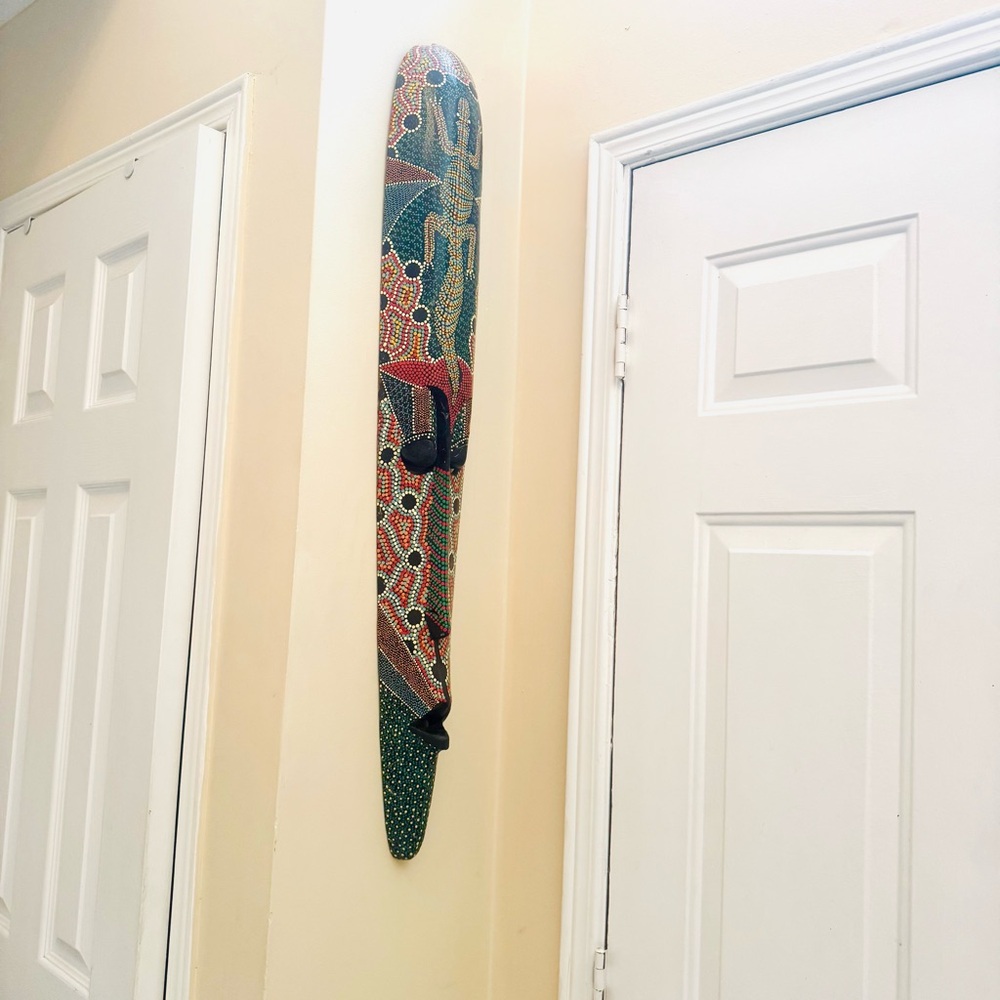 38” Tall , Abstract Handcrafted Tribal Mask Wall Art - Boho Wooden Dotting